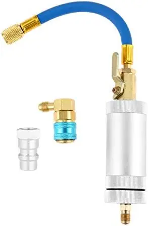 

1 Set R134A 2 OZ Compressor Oil Dye Injection Refillable Oil Injector with 2 Types of Conversion Fittings for Car A/C R12 R22