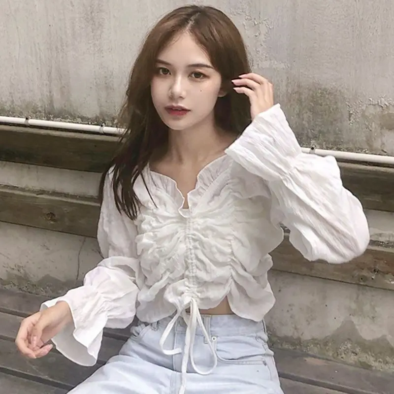 Lantern Long Sleeve Drawstring Pleated Crop Women T Shirt  Fashion Oversized Spring Summer Korean Style Cute Slim White New Top