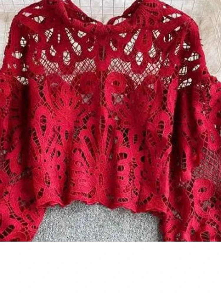 Seksowna koronkowa bluzka z wycięciami, codzienna koszula z długim rękawem typu lampion, stójka, elegancka damska bluzka w kolorze czerwonym/różowym/białym, luźny krój.
