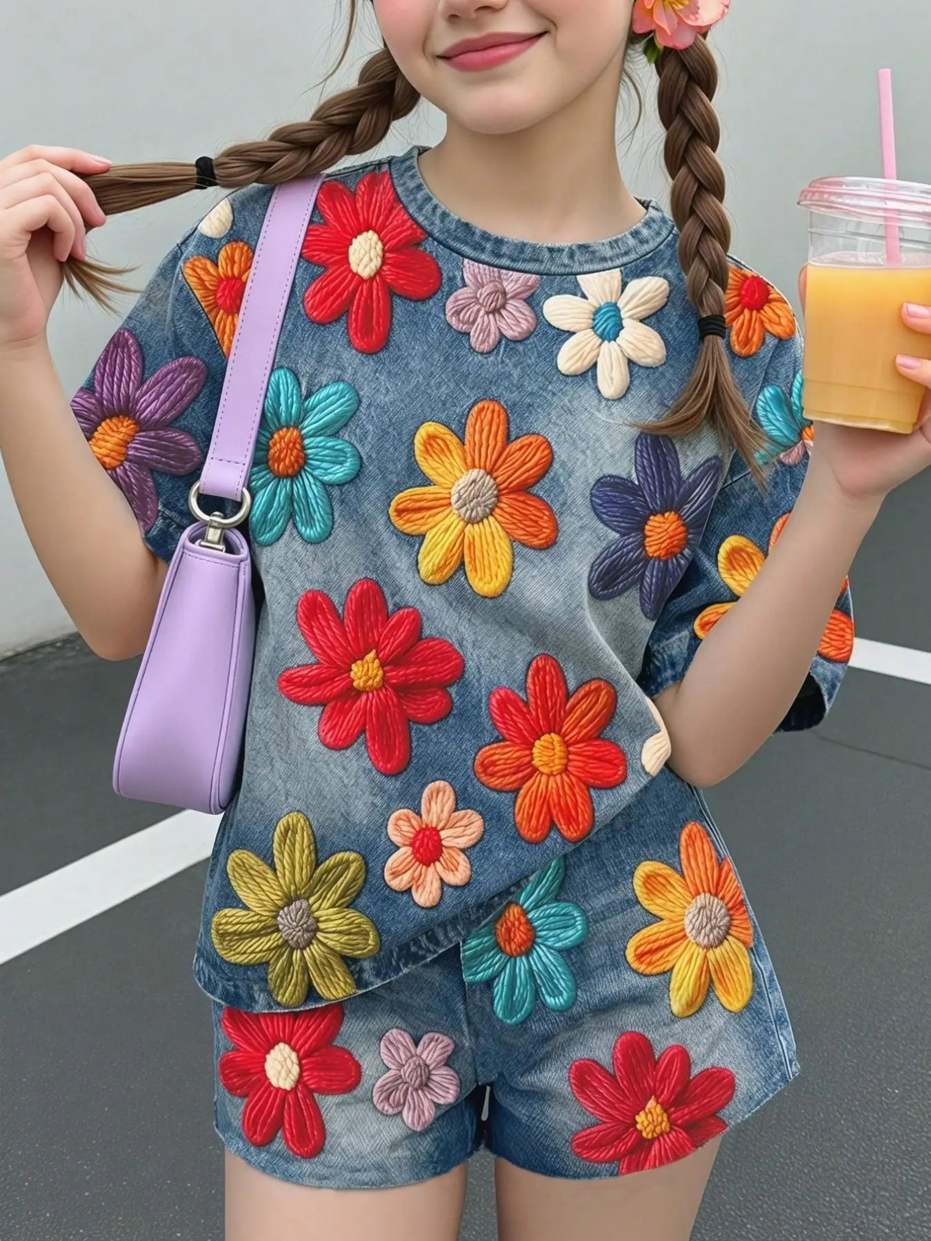 Freizeitoutfit für Mädchen, zweiteiliges Set aus kurzärmeligem Oberteil und Shorts im Denim-Optik-Stil, mehrere Farben, Blumendruck-Set geeignet für Mädchen über 3 Jahre, geeignet für Zuhause, Ausflüge, Reisen und Schulkleidung. – Detail 7
