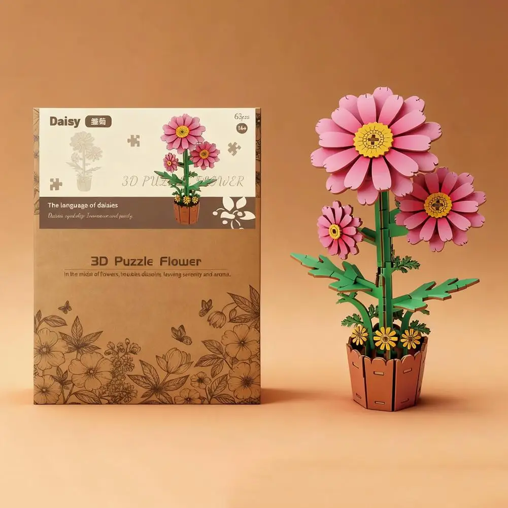 

3D Wooden Puzzles,Flower puzzle DIY Artifical Flower Building Set Craft Kit Flower Building Blocks Valentine's Day Birthday Gift