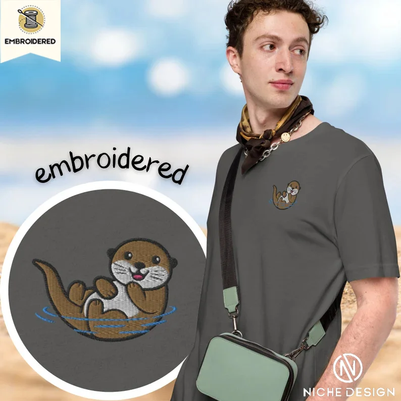 

Embroidered Women's T-Shirt, Cute Little Seal, Otter Embroidered T-Shirt, Kawaii Happy Otter Gift for Animal Lovers, Women Youth