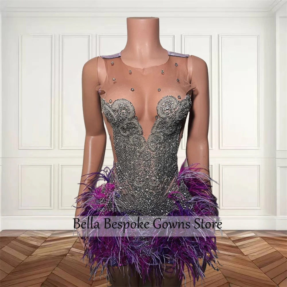 Purple Short Prom Dresses For Black Girls Bead Crystal Graduation Gown Feathers 2024 Birthday Luxury Dress Homecoming Customized