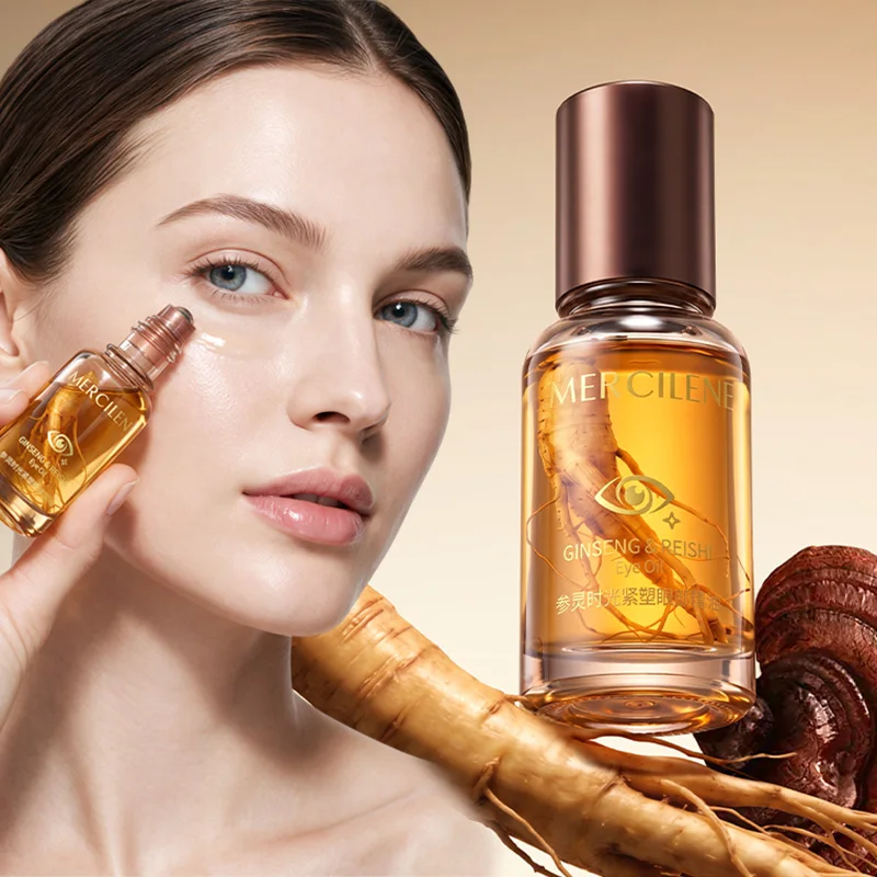 Mercilen Ginseng and Ganoderma Eye Essence Oil 18ml, Contains Caffeine, Plant-Derived Squalane, and Plant Extracts. It Moisturizes, Firms, and Brightens the Eyes, with a Smooth, Cooling Roll-On Application That Fits the Contour of the Eye Area, Quickly Lifts the Skin Around the Eyes, and Bids Farewell to Dullness and Dryness, Increasing Skin Elasticity. It Is Suitable for All Skin Types