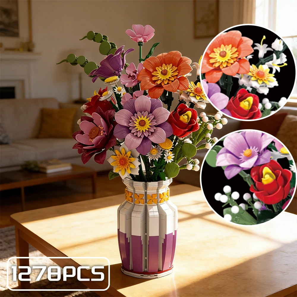 

Micro Flower Bricks Two Colors of Vases 1278 PCS Kids DIY Bricks Toys Valentine's Day Creative Building Bricks Set Best Gift