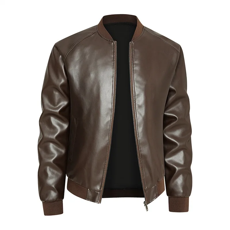 KIDWHXR Men Leather Jacket Thicken Fleece Windproof Waterproof Man Outerwear Punk Stand Collar Long Sleeve Zipper Male Coat