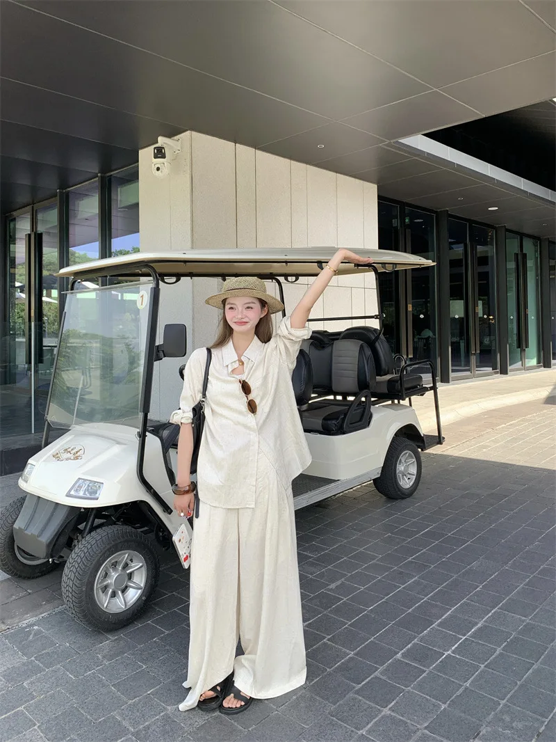 SuperAen 간단한 느슨한 패션 여성 옷깃 칼라 솔리드 컬러 셔츠 2025 여름 새로운 드레이프 캐주얼 바지 투피스 세트