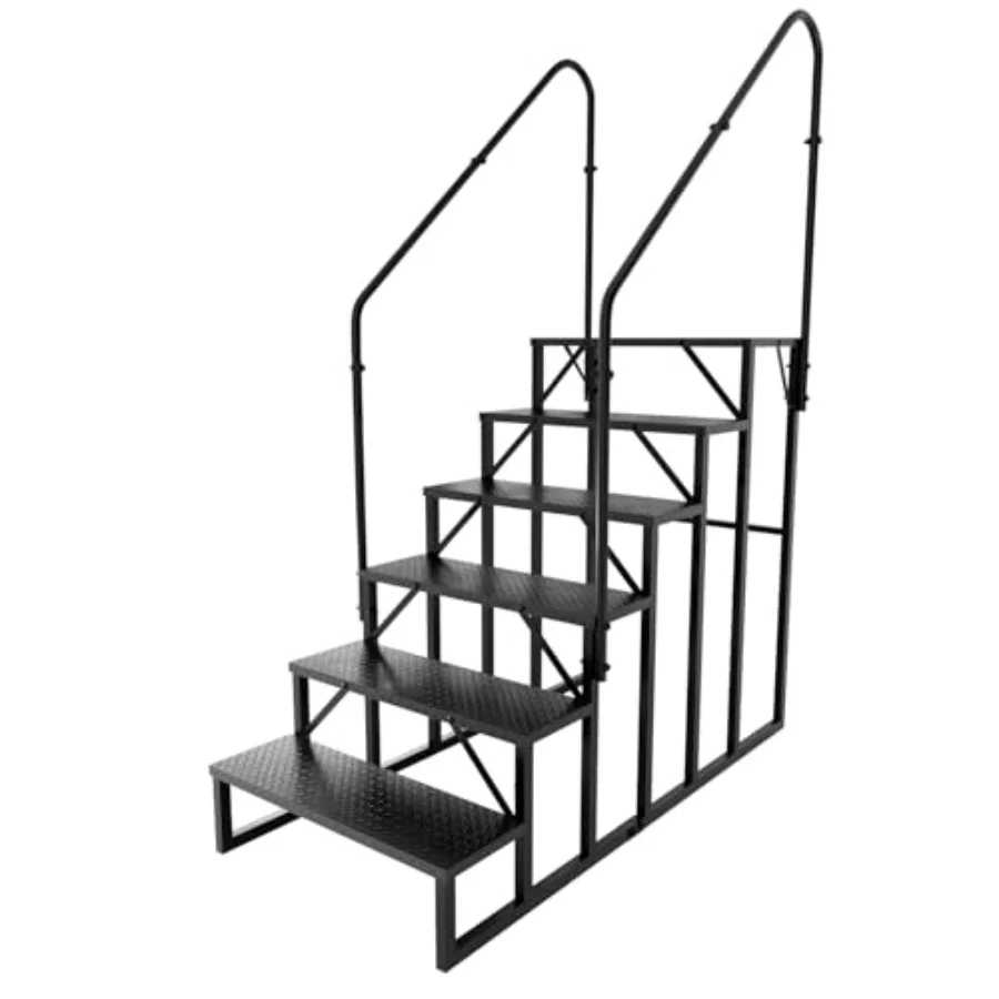 Escalones para RV con 2 pasamanos, escalera de 6 peldaños en gris con panel antideslizante para remolques de spa, piscinas y porches