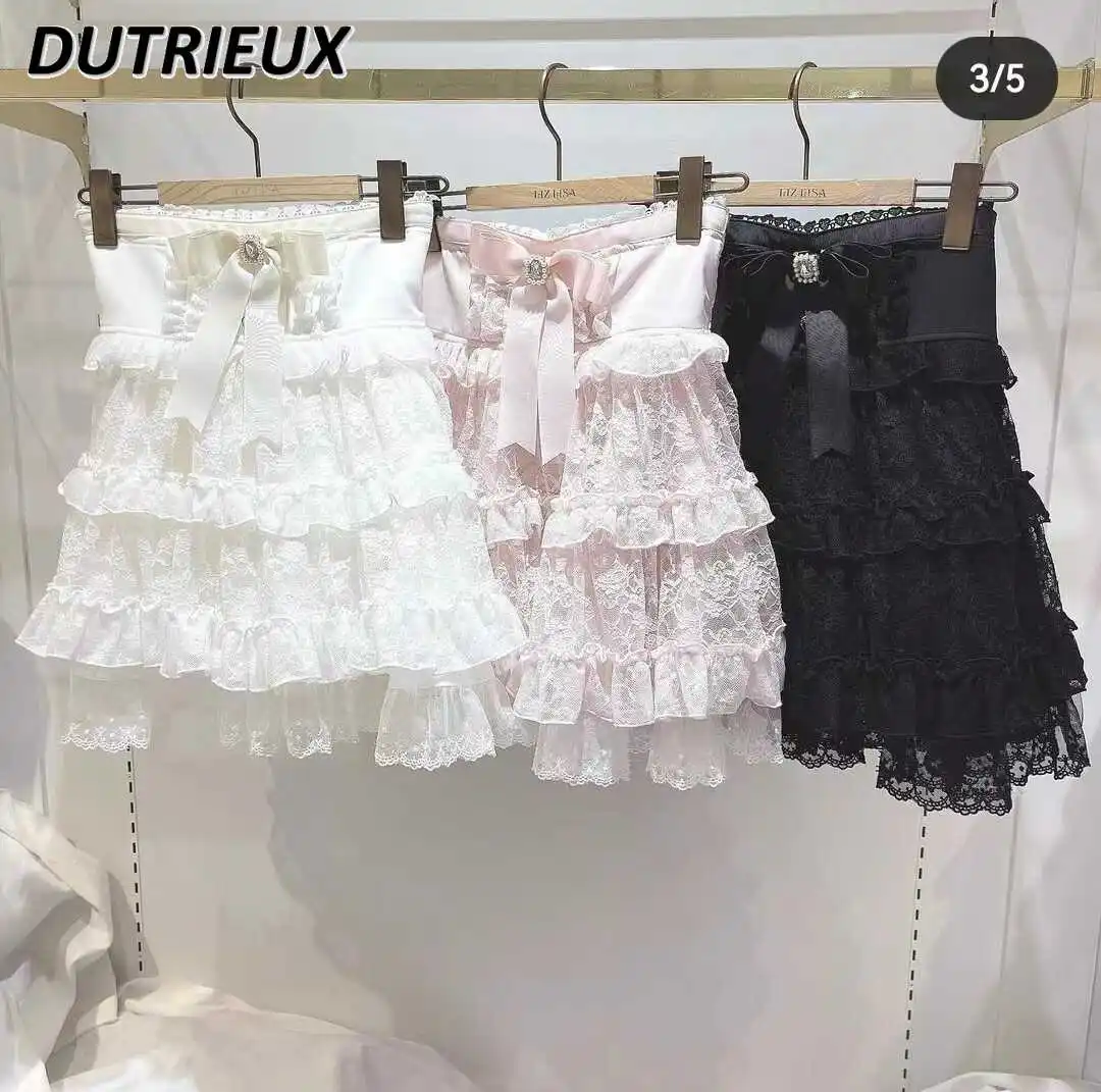 

Summer New Japanese Cute Sweet Girl Mesh Lace A-line Skirt Lace Bow Lace-up High Waist Short All-Match Skirts for Women