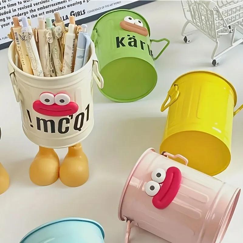 2pcs cartoon personalized pen holder, simple retro office storage bucket, desktop storage, home learning storage view 2