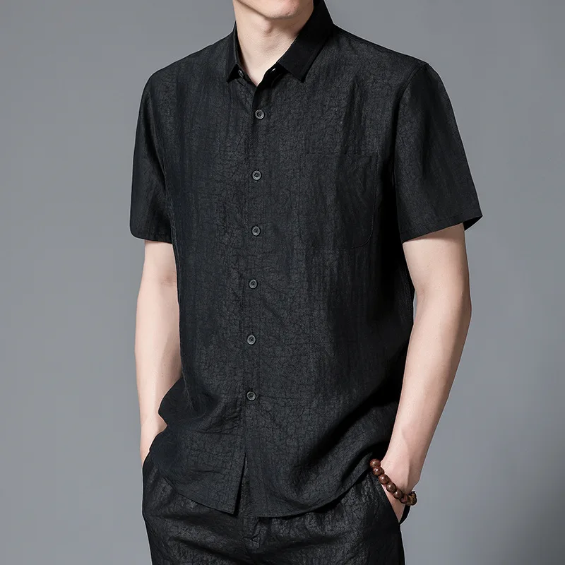 

High Quality Real Silk Summer Men's New Crack Shirt Young and Middle-Aged Casual Comfortable Short Sleeve