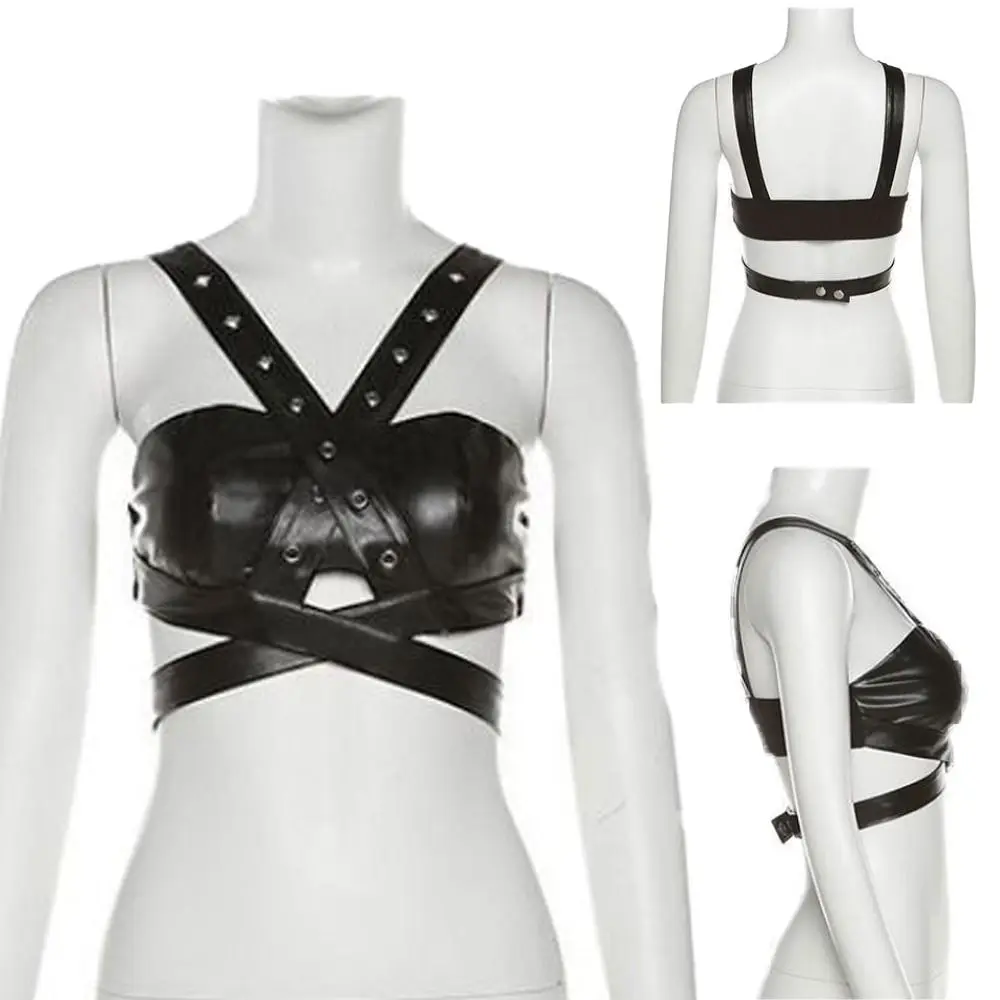 Spicy Girl Style Deep V-neck Punk Backless Tops PU Leather Hollow Women Slim Vest Tank Y2K Sleeveless Crop Top Ladies