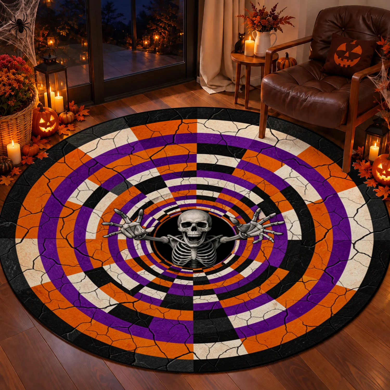 Skeleton Concentric Crack Print Round Velvet Rug Machine Washable for Living Room Dining Entryway Decor for Halloween Thanksgiving Christmas Black Friday New Year