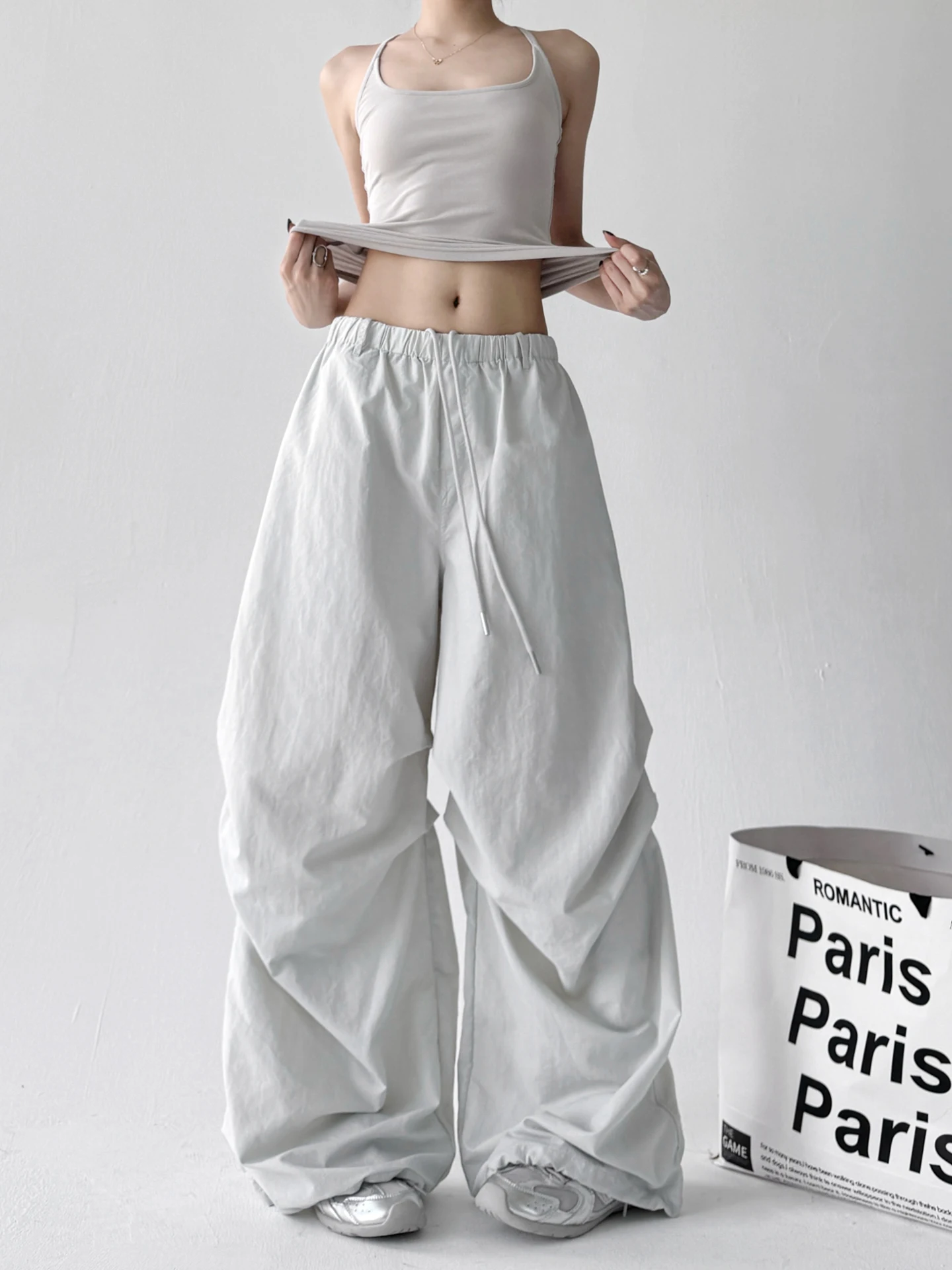 2025년 여름 여성 캐주얼 스포츠 얇은 하이웨이스트 루즈 스트링 와이드 레그 팬츠 다용도 작업복 바지 출퇴근용