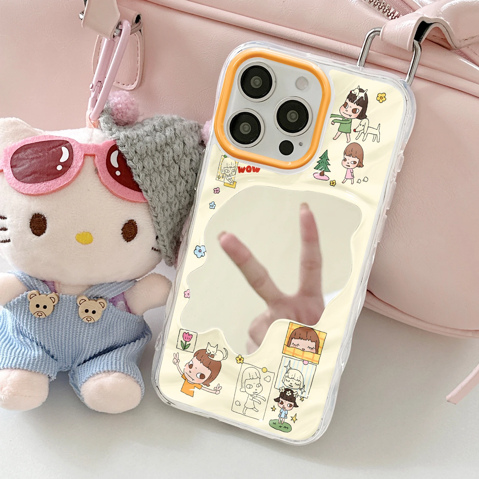 Simple Line Cartoon Girl Sticker Mirror Phone Cover, Clear Wavy All-in Orange Camera Frame TPU Case for All iPhone 11-17 Series - view 2