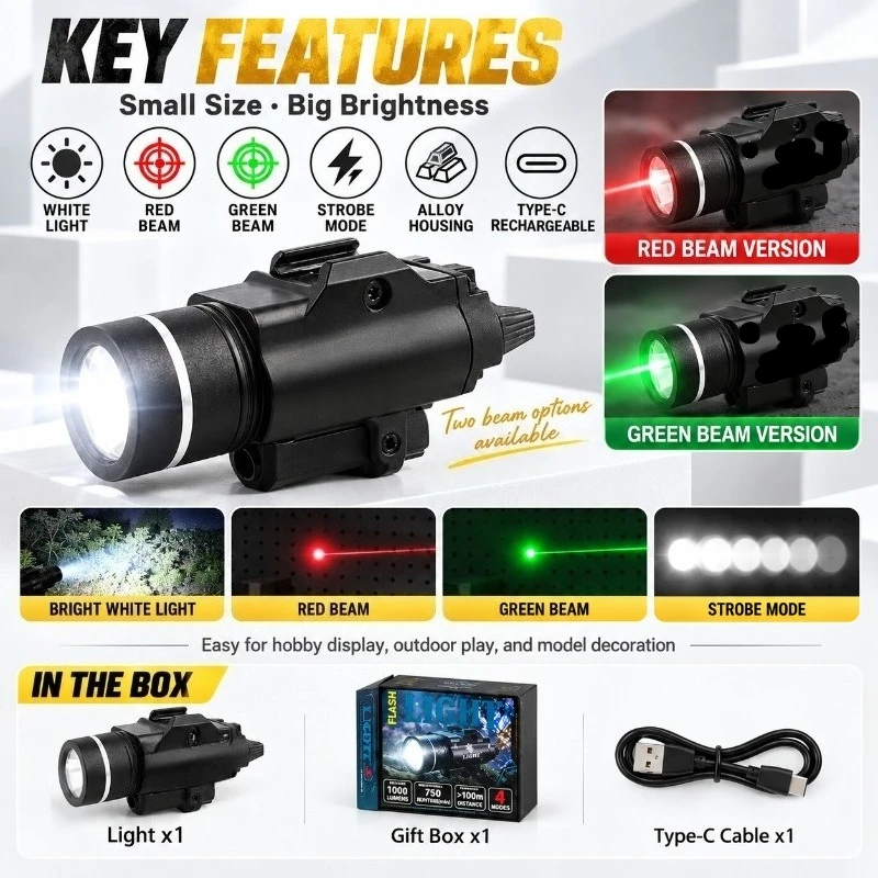 X400U Style Alloy Red & Green Beam Light, Bright Dual Illumination, Strobe & Steady Modes, Rail Mount, Outdoor Toy Prop