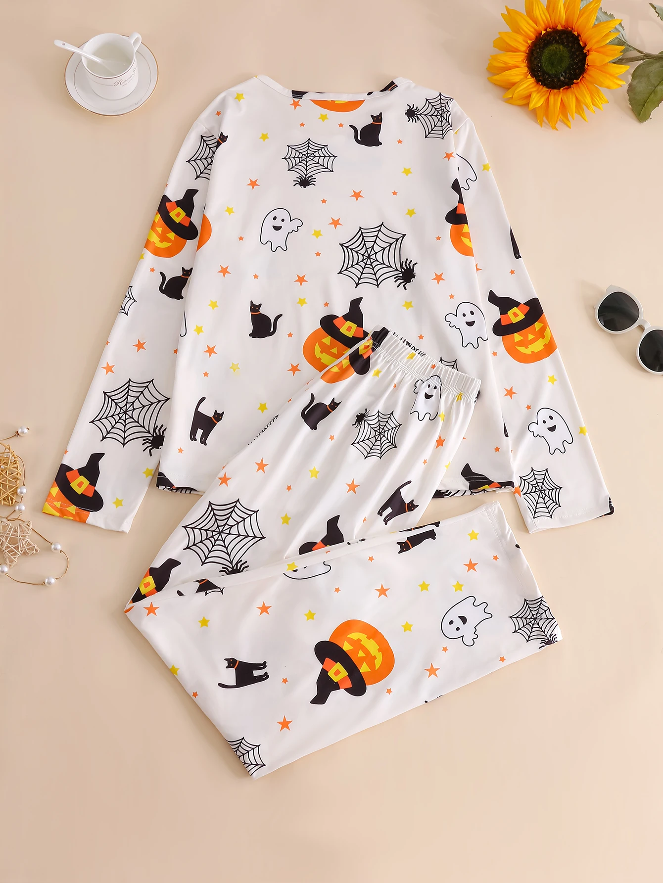 Halloween women\'s long-sleeved T-shirt and elastic pants pajamas fall spring clothes home clothes 2-piece leisure cute printed p