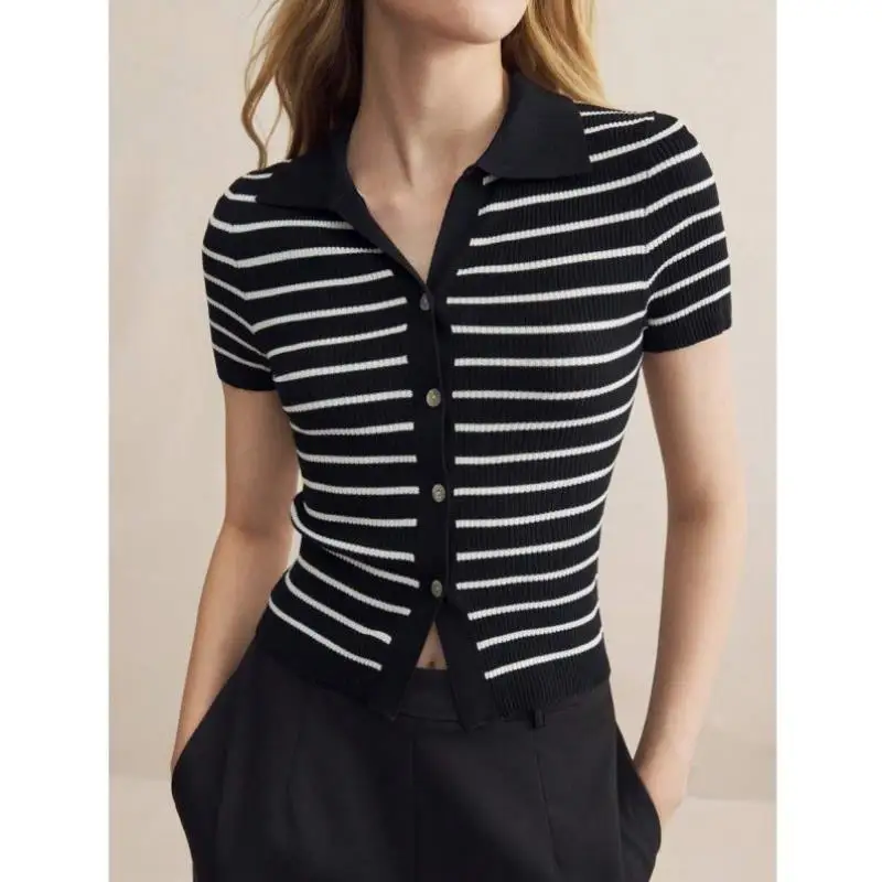 

Ele Romantic Stripe Collar Button ort Sve Knitted Sweater 70245 Sle Women's Ne Inner Wear Ci Walk Suitable