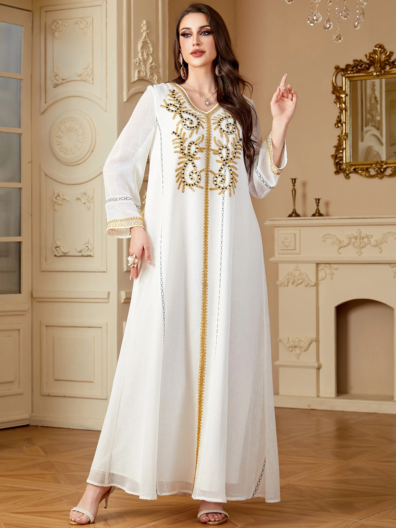 جديد مطرز رداء الدكتور فضفاض V-Ne مطرز طويل الدكتور دبي Sle الشرق الأوسط فضفاض صالح عالية الخصر ألف خط تنورة ثوب مسائي