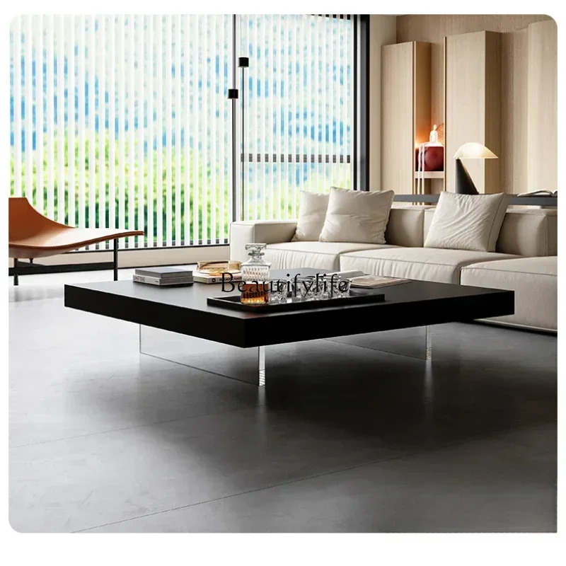 

yj5Acrylic suspended coffee table Italian minimalist living room square box black rock slab coffee table