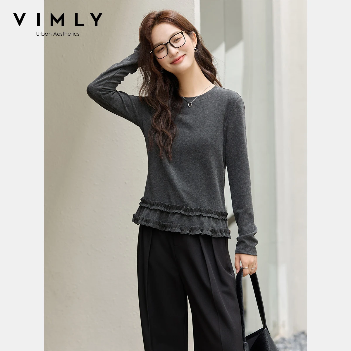 

VIMLY серые вязаные женские футболки с начесом, зима 2022, новые элегантные двухслойные топы с рюшами и круглым вырезом, повседневные женские футболки A3178