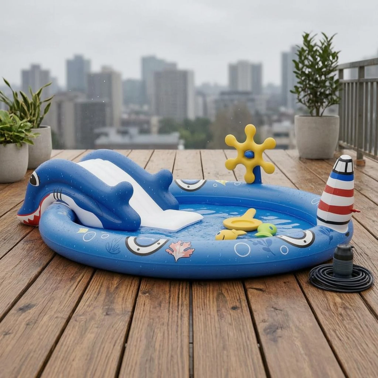 Ocean-themed Inflatable Pool Thickened PVC Lighthouse Column Water Play Center for Outdoor Backyard Aquatic Fun view 2