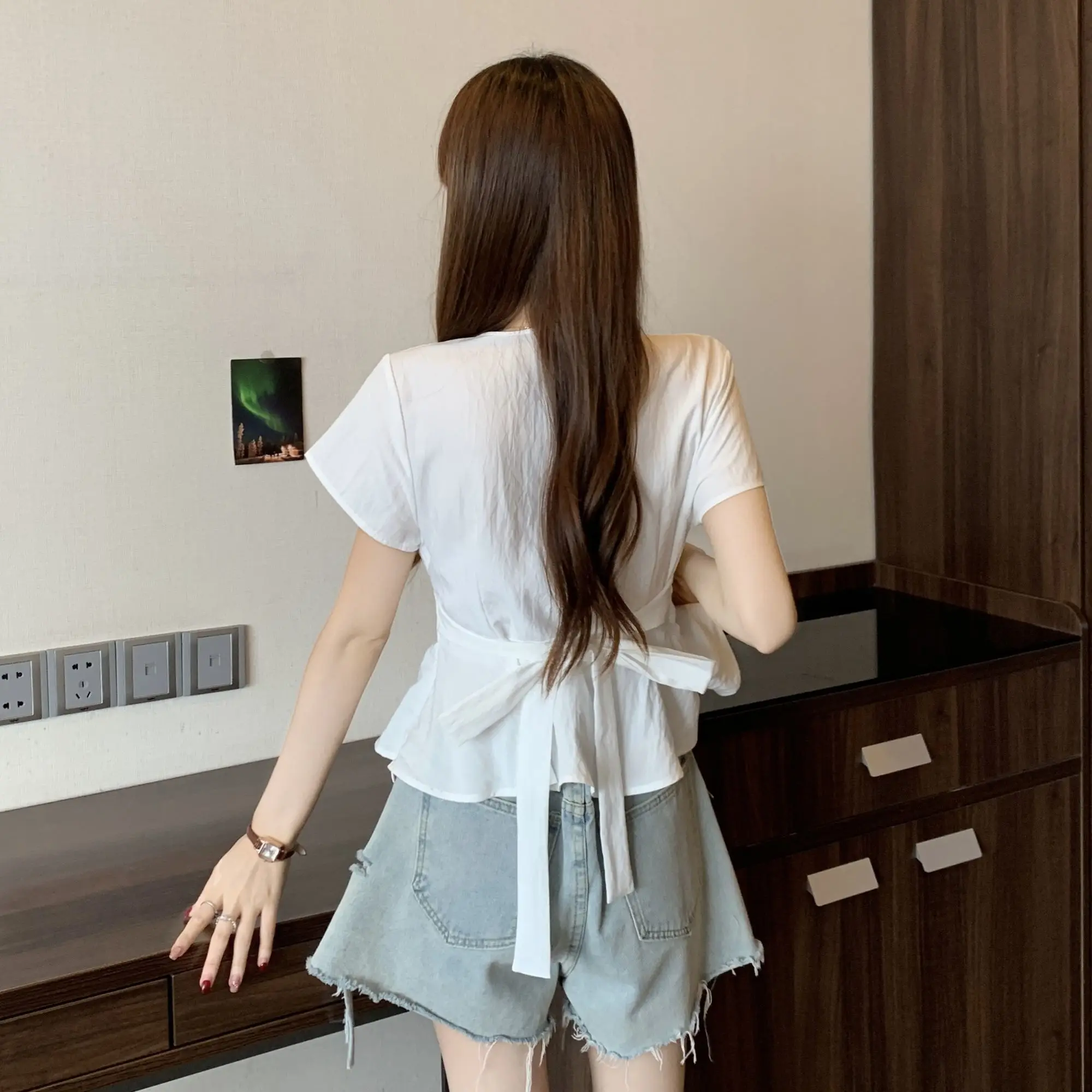 Kurzarmhemden für Damen, Denim, Patchwork, Ballonärmel, geknöpftes Hemd, Club, Retro, Freund, Streetwear, Student, Jugend, Urban