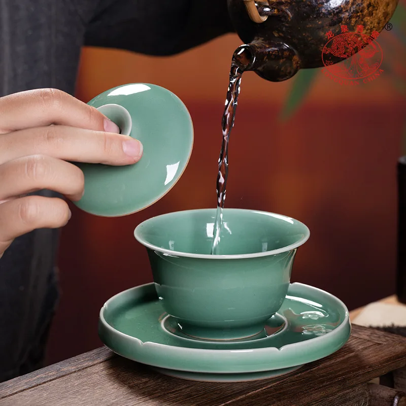 High Quality Celadon Gaiwan Gaiwan Large Tea Cup Home Porcelain Set High-End Gift Box Handmade Toast Tea Brewing Bowl