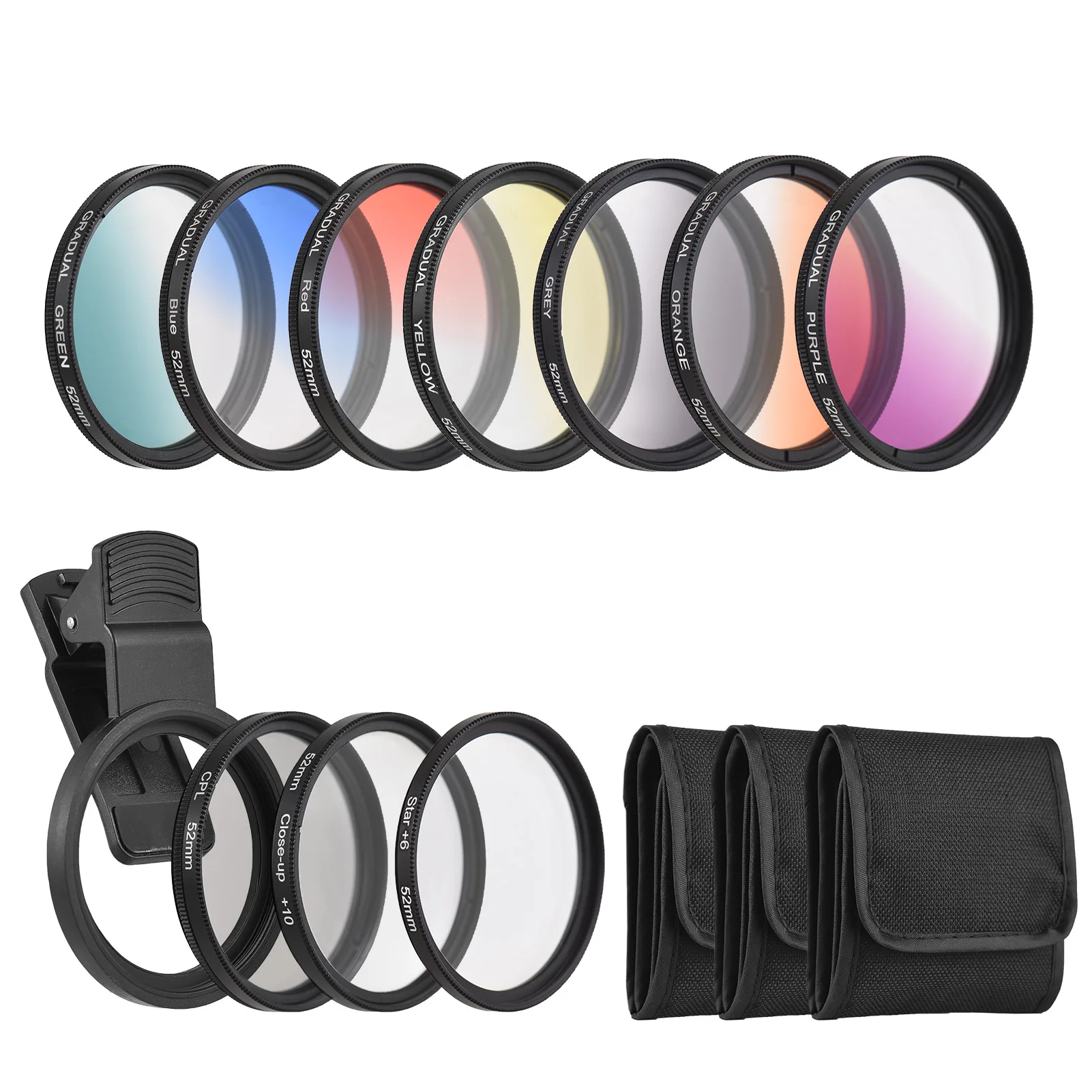 52mm Phone Lens Filter Kit with 7 Colors Graduated Filter+CPL+Star Filter+Close Up Filter for Phone Canon Nikon Sony DSLR Camera