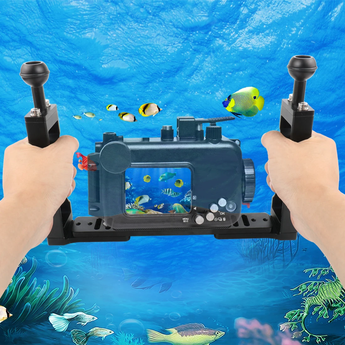 Einstellbare Dual Griff Tablett Stabilisator Halterung für GoPro Canon Sony Fuji SLR Kamera Unterwasser Tauchen Gehäuse Halter Licht Stehen – Detail 3