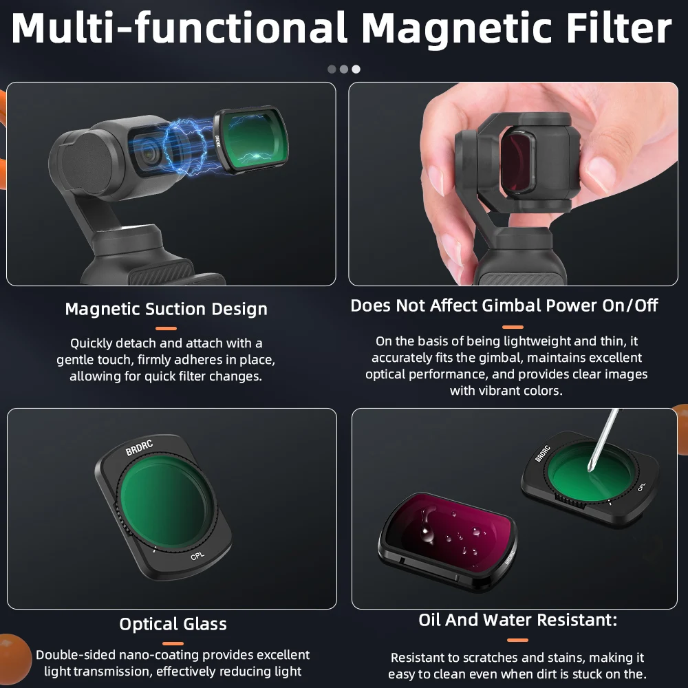 BRDRC 블랙 미스트 렌즈 필터 세트, 전문 사진 필터, DJI 오즈모 포켓 3 마그네틱 디자인 스타 8X LPR 광각