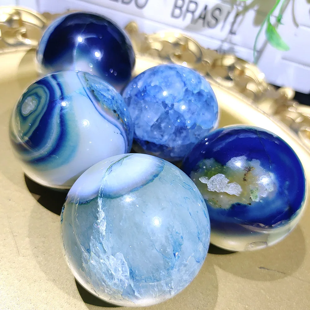 1Pc Blue Sardonyx Agate Sphere Narural Crystal Ball Carving Crafts Gemstone For FengShui Meditation Home Decor Gift Halloween