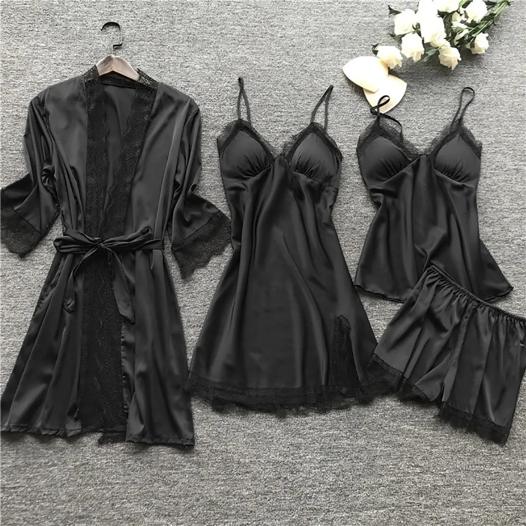 4 Pieces Women\'s Sexy Lace Pajamas Fashion V-Neck Gown Comfort Pajamas Pajamas Pajamas With Chest Pads Nightdress Casual Loungew