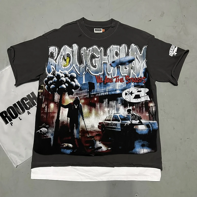 

High Quality Hip-hop Streetwear Style ROUGHPLAY T-shirts Hot Drill Skull Print Do Old Casual Rough Play Short Sleeve Tee