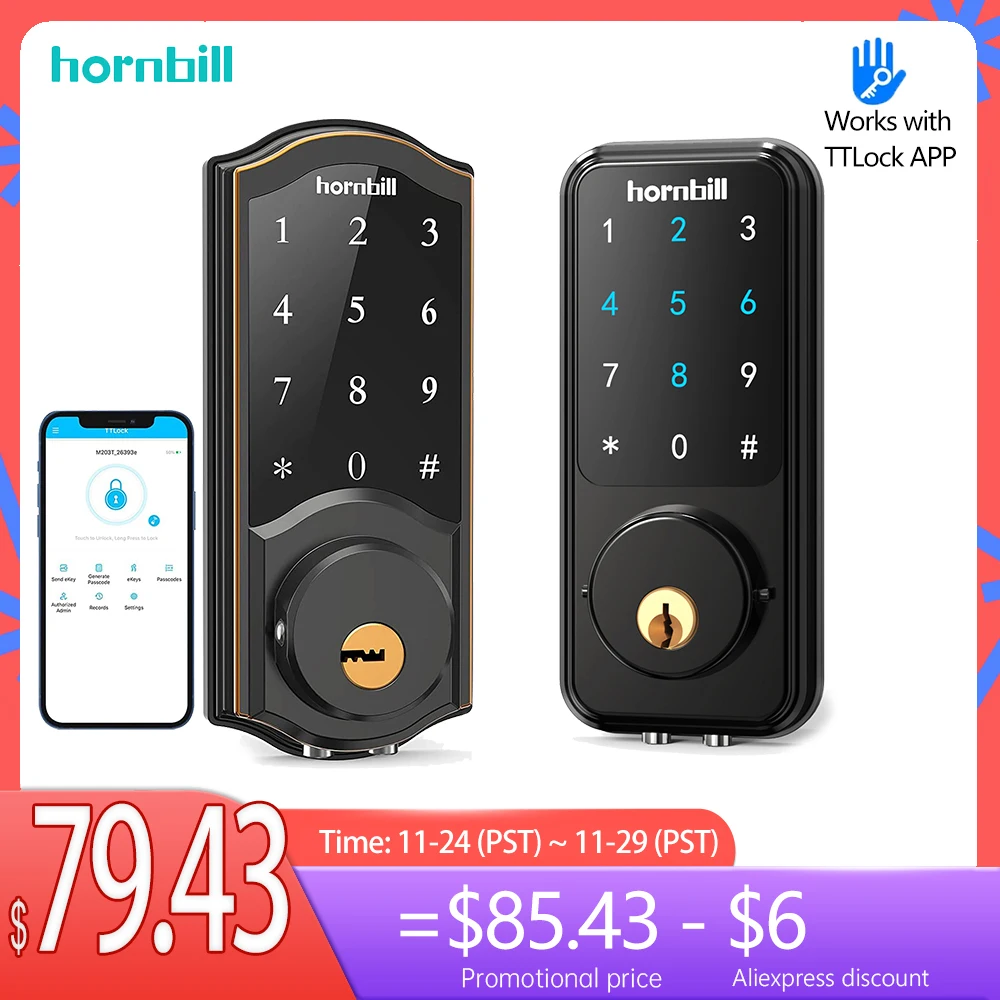 Hornbill Digital Electronic Smart Door Lock WIFI Keyless Keypad Password Unlock Bluetooth Locks TTLock Home Safe VS Tuya Lock