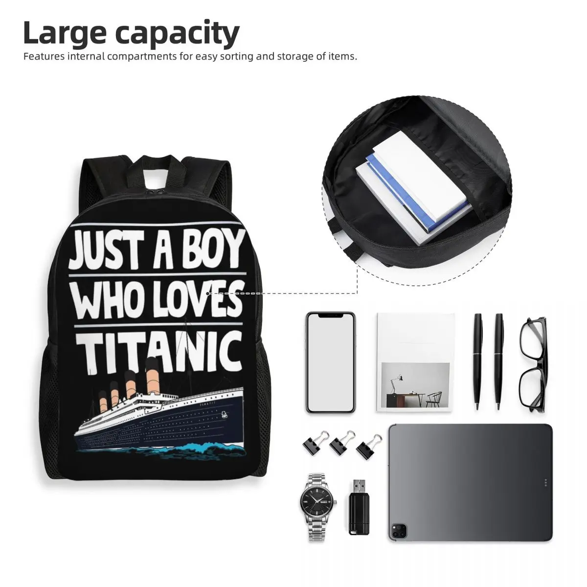 Just A Boy Who Loves Titanic Backpack Adjustable Shoulder Strap Stylish Lightweight Large Capacity