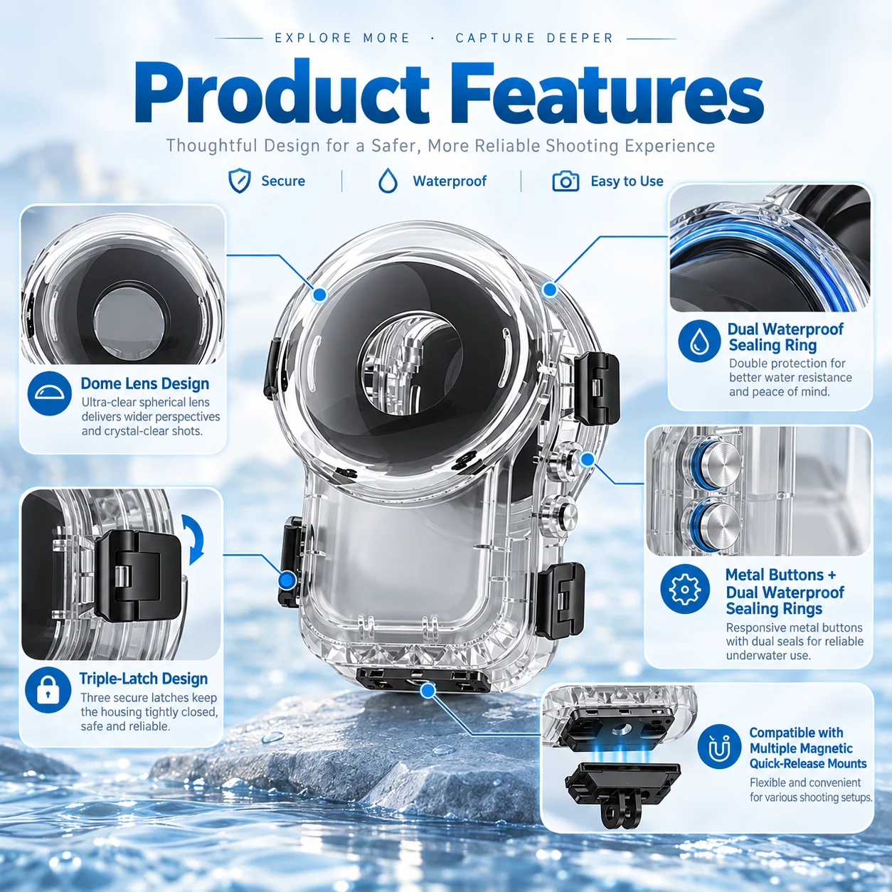 Invisible Dive Housing Case for Insta360 X6, 60m Waterproof Cover with Bracket & Underwater Professional Lens Camera Accessories