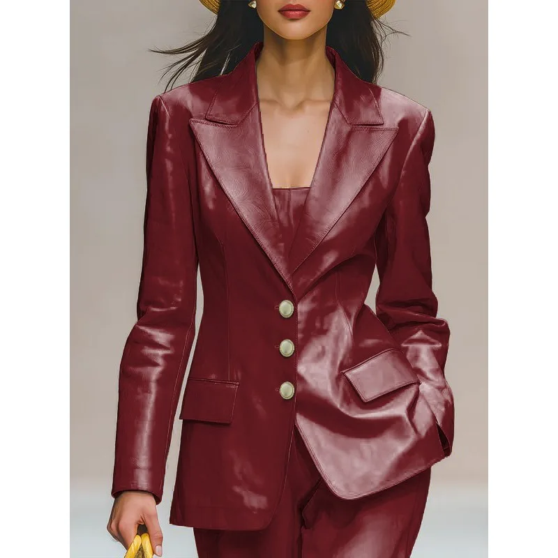 T Е Moderno Vintage Ecopelle Giubbotti Donna Autunno Inverno 3 colori Loose Fit Dentellato Manica Lunga Bottone Pu Cappotti 194265