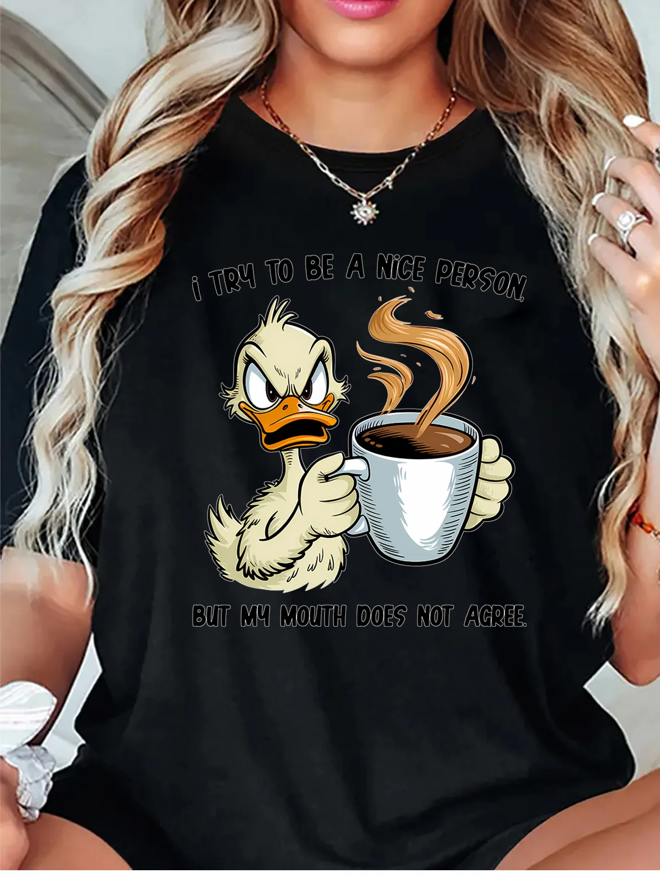 Cute Angry Duck Holding Coffee Cup Funny Quote Slogan Art Print Graphic Ladies T Shirt Short Sleeve Crew Neck Casual Tee Tops