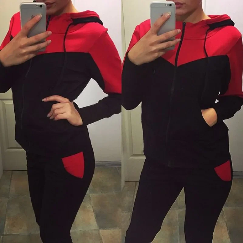 Fashion Trend Women\'s Clothing Splicing Casual Sports Hooded Color Matching Suit