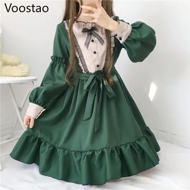 Japanese Kawaii Lolita Tea Party Dresses Women Ruffles Long Sleeve Gothic Bow Lace Dress Vintage Victorian Sweet Maid Vestidos M