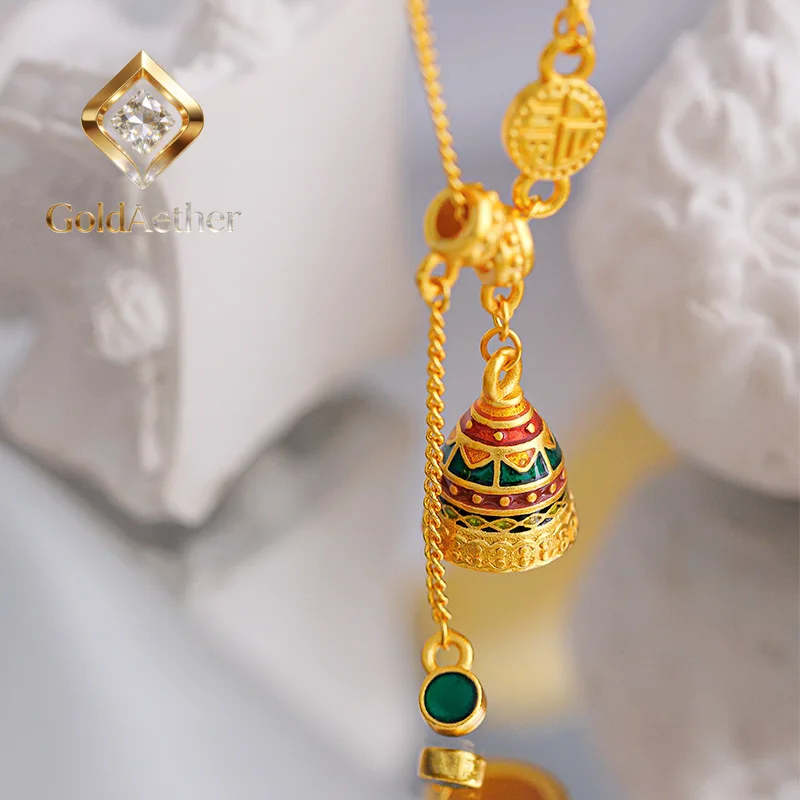 

GoldAether Women's Necklace 9999 24K Real Gold Ancient French Chaoyuanfu Wishing Set Chain New Chinese Design Enamel Color Craft