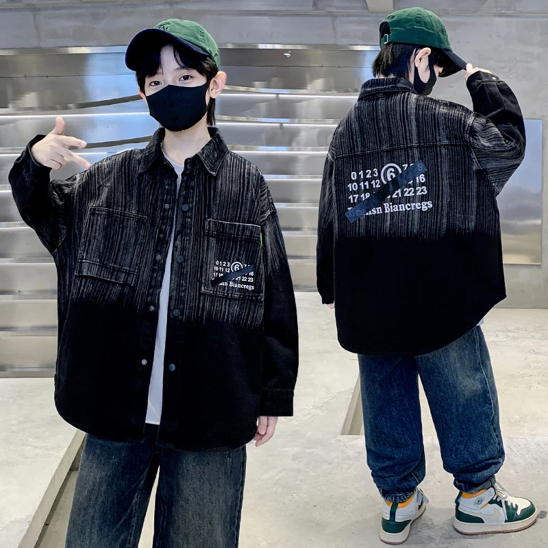 

New Autumn Kids Gradient Black And Denim Jacket for Teenage Boy Streetwear Harajuku Jeans Coat Clothing Child Luxury Outfits