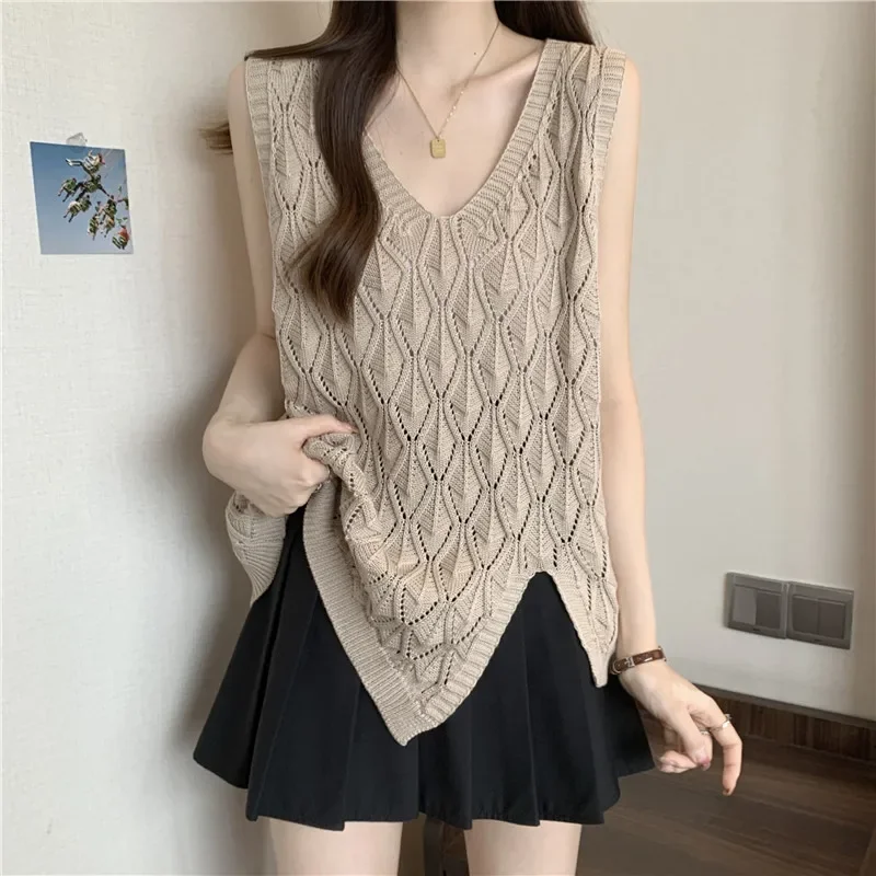 Knitted Vest Women New Design Split Fashion Hollow Out Sweater Vest Woman Solid Diamond Thread Knit Tops