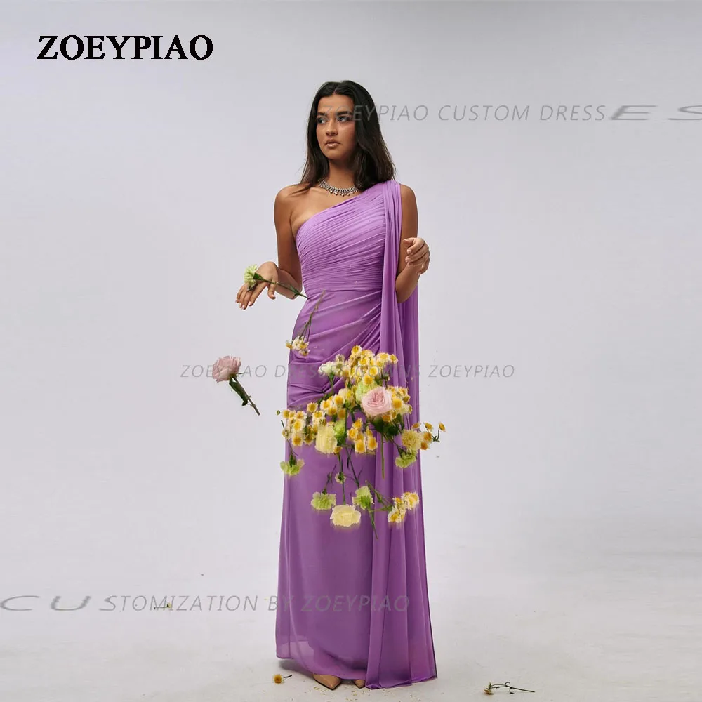 

Purple Long Chiffon Formal Women Party Dresses Luxury One Shoulder Lavender Evening Dress Sleeveless Sheath Wedding Guest Gowns