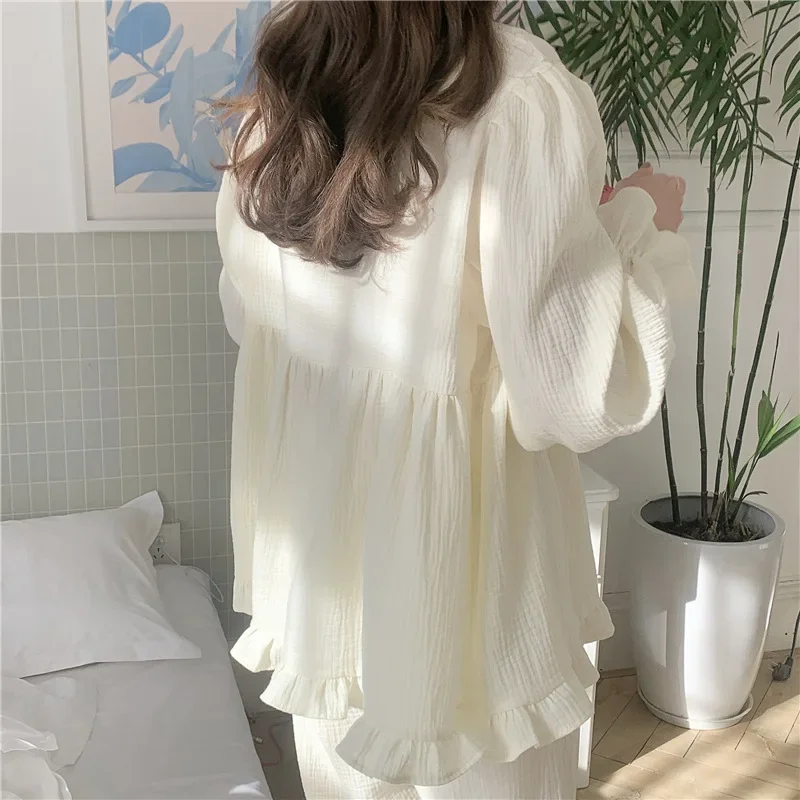 Korea Style Women's Pajama Set Long Sleeve Spring Ladies Sleepwear 2 Pcs with Pant Solid Lace Loose Home Clothes for Female