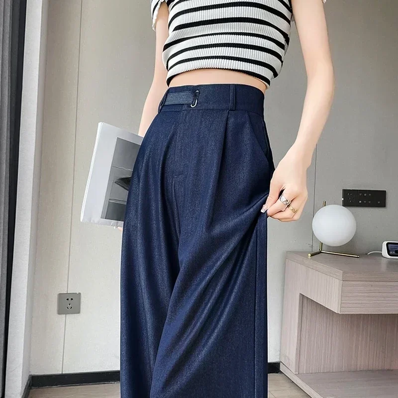 New Spring Summer Vintage Loose Women's Wide Leg Full Length Pant High Waist Button Female Elegant Straight Casual Trousers
