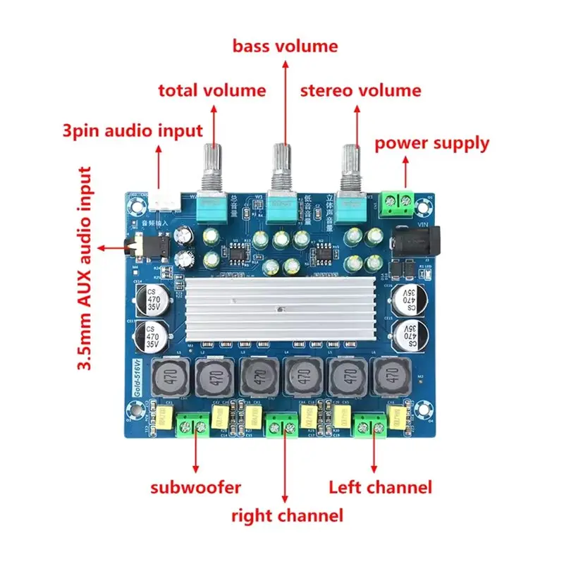 Y44A 50Wx2+100W Stereo Dual Channel Amplifier Board TPA3116 Class D 2.1 Channel Audio Amplifier Module 4Ω 50W 8Ω 30W