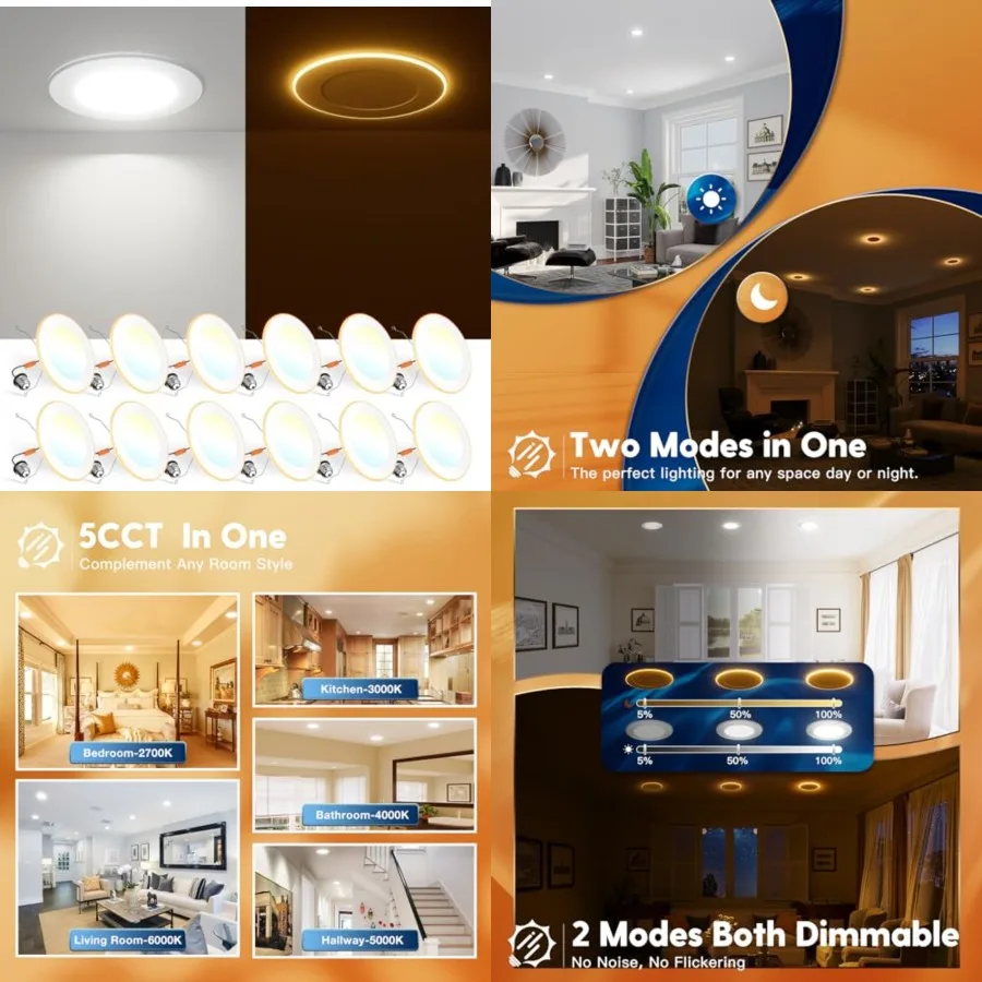 Pack 5/ 5CCT LED Recessed Can Light with Night Light, 2700K/3000K/000K/5000K/000K Selectable Flat Recessed Lightg, 10W=110W, 10