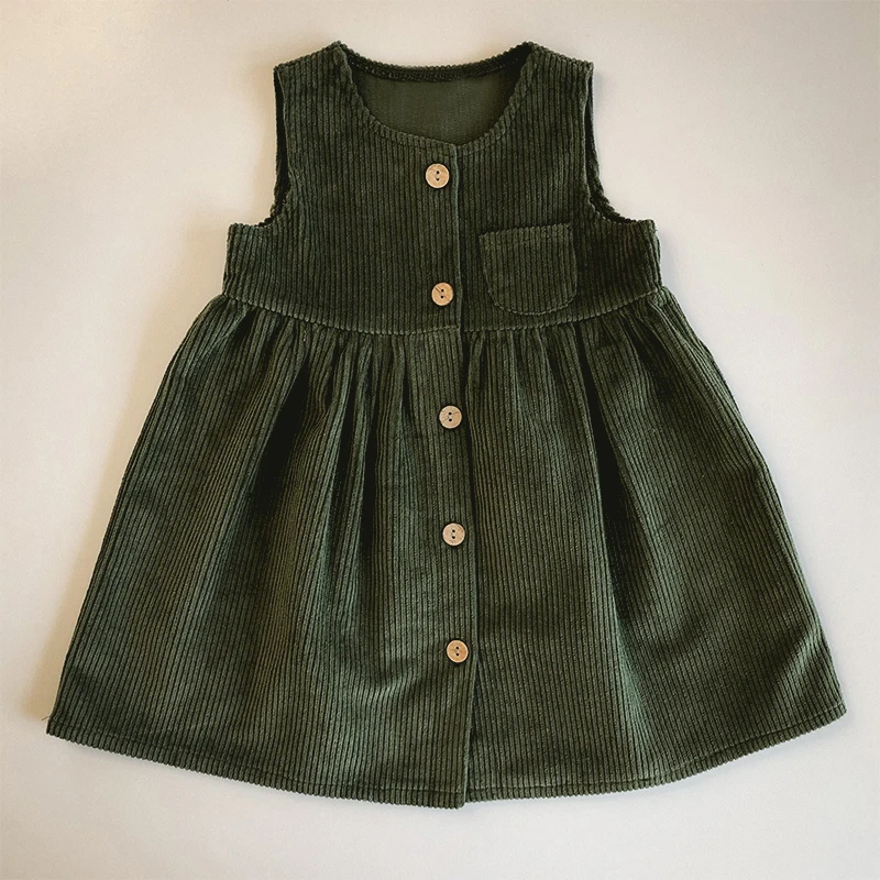 Girls Button Up Corduroy Pinafore Dress Vintage Autumn New Children\'s Round Neck Casual Loose Sleeveless A-Line Dresses TZ355